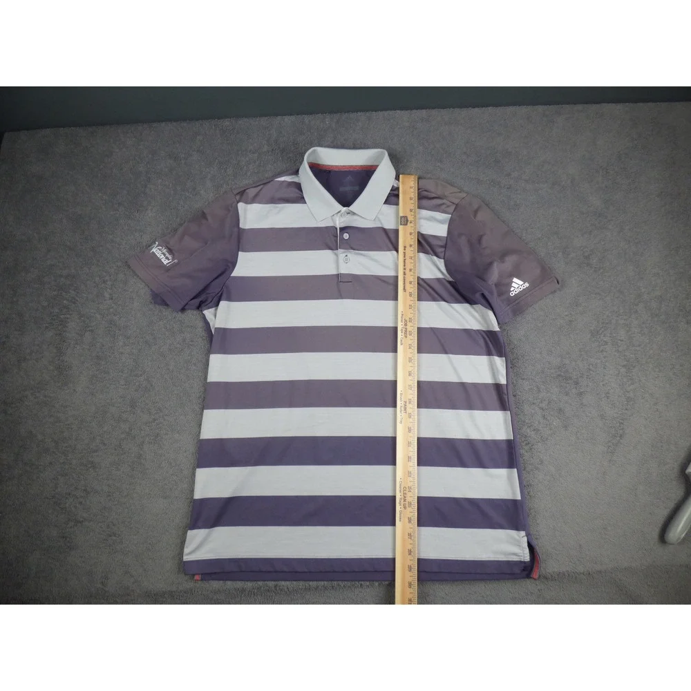 Adidas Golf Mens Large Purple Striped Polo Shirt Memphis National Logo Short Slv